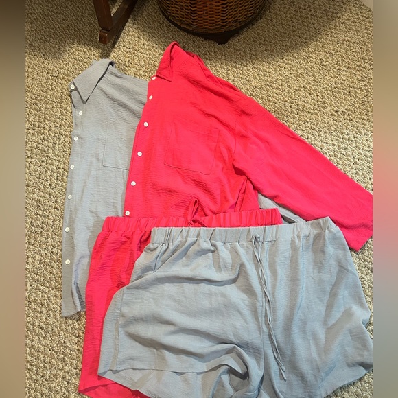 Tops - Pink and Gray Button-Up Shirt and Shorts Set